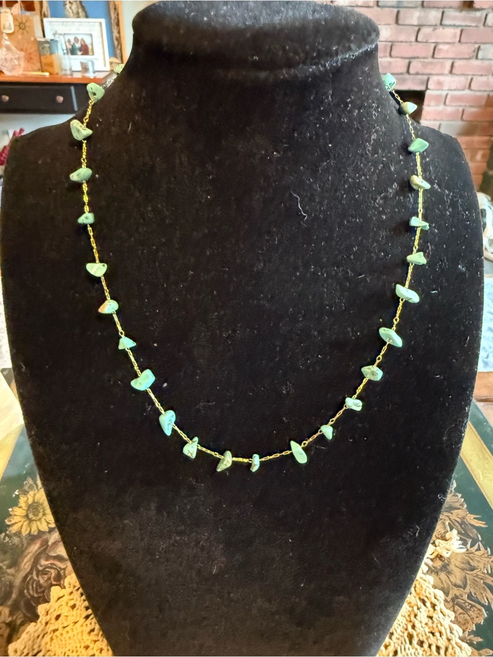 Gold Chain Necklace with Green Turquoise Chip Beads